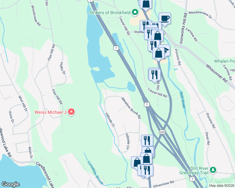 map of restaurants, bars, coffee shops, grocery stores, and more near 55 Meadow Brook Road in Brookfield