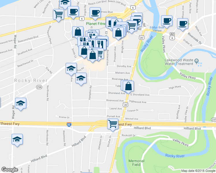 map of restaurants, bars, coffee shops, grocery stores, and more near 19457 Telbir Avenue in Rocky River
