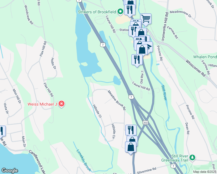 map of restaurants, bars, coffee shops, grocery stores, and more near 55 Meadow Brook Road in Brookfield