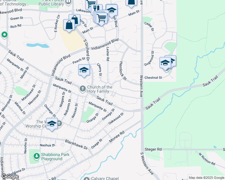 map of restaurants, bars, coffee shops, grocery stores, and more near 38 Apple Lane in Park Forest