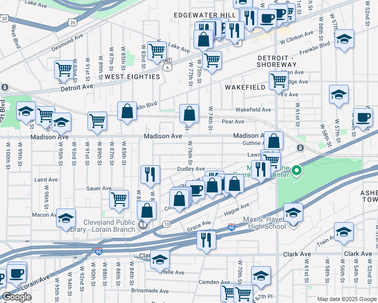 map of restaurants, bars, coffee shops, grocery stores, and more near 7615 Guthrie Avenue in Cleveland