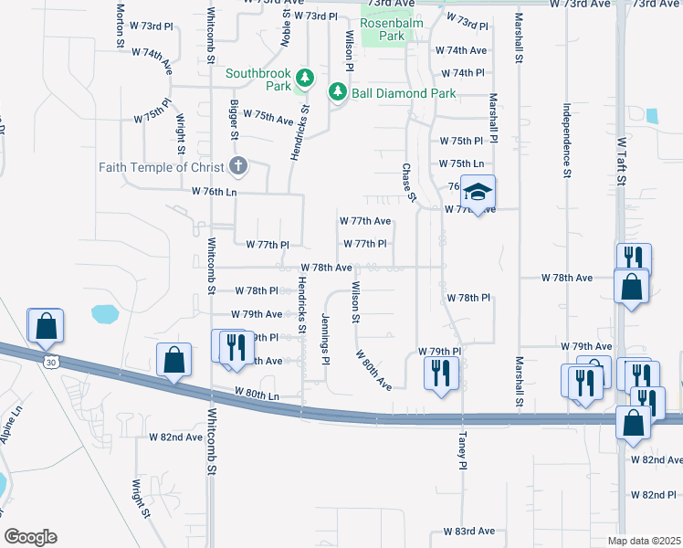 map of restaurants, bars, coffee shops, grocery stores, and more near 3428 West 78th Avenue in Merrillville
