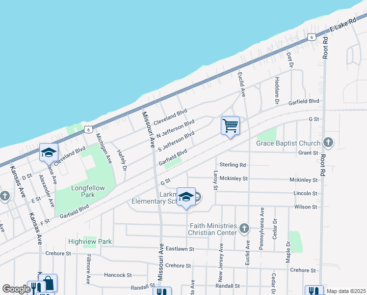 map of restaurants, bars, coffee shops, grocery stores, and more near 2550 South Jefferson Boulevard in Lorain