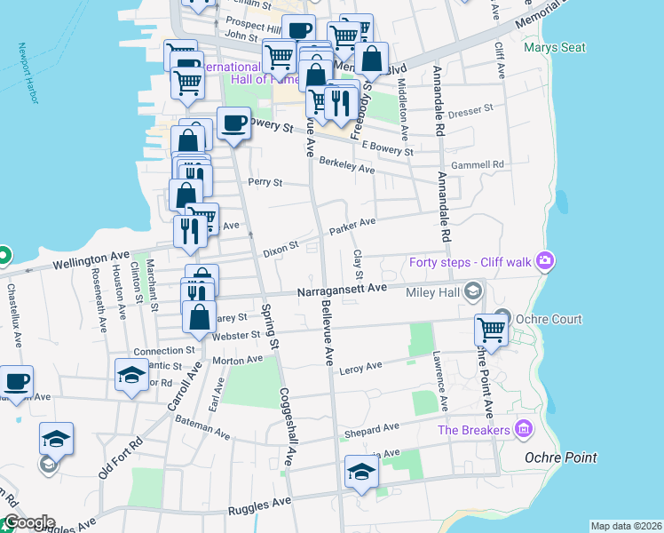 map of restaurants, bars, coffee shops, grocery stores, and more near 412 Bellevue Avenue in Newport