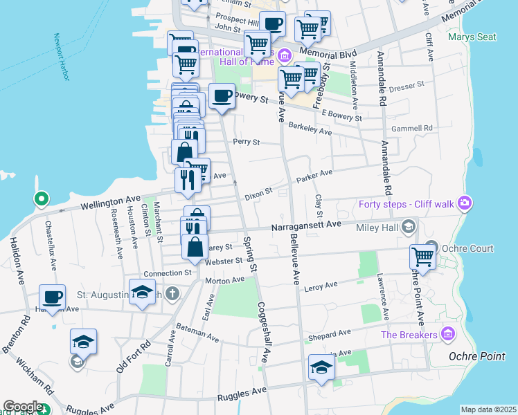 map of restaurants, bars, coffee shops, grocery stores, and more near 50 Narragansett Avenue in Newport