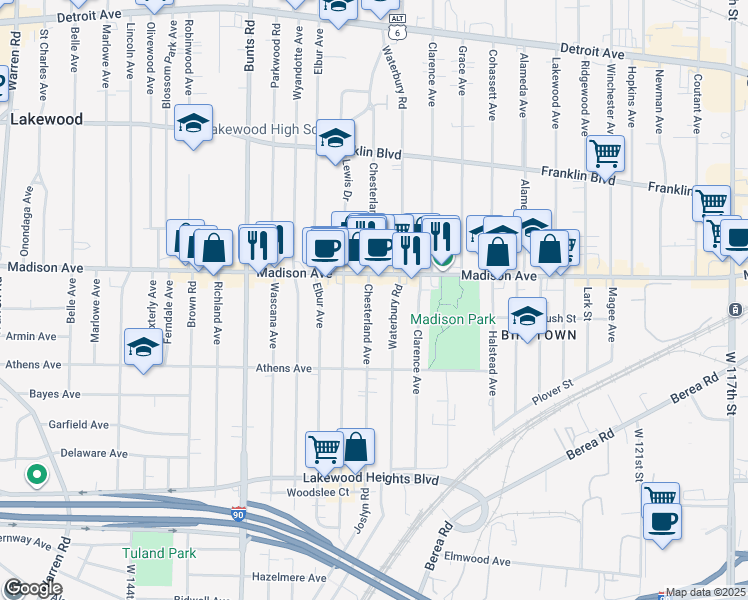 map of restaurants, bars, coffee shops, grocery stores, and more near 2012 Chesterland Avenue in Lakewood
