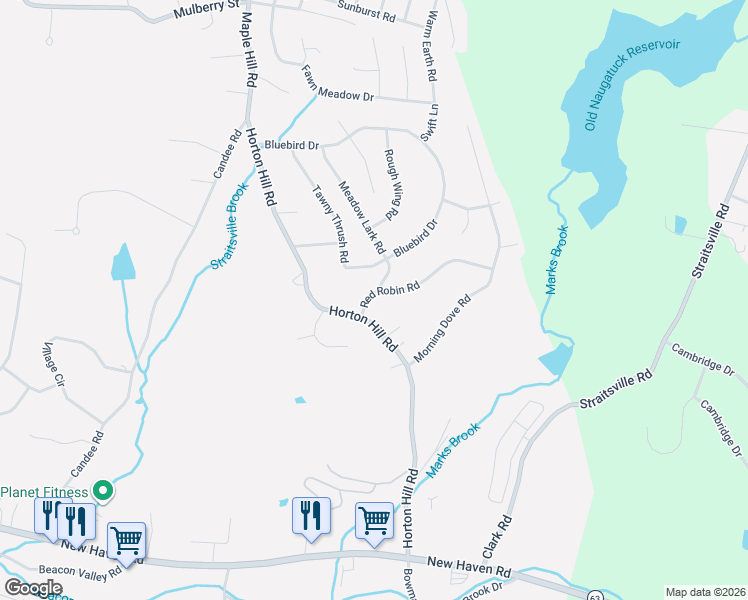 map of restaurants, bars, coffee shops, grocery stores, and more near 38 Red Robin Road in Naugatuck