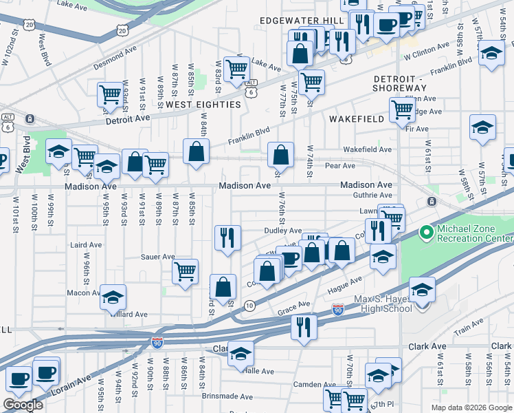 map of restaurants, bars, coffee shops, grocery stores, and more near 7819 Guthrie Avenue in Cleveland
