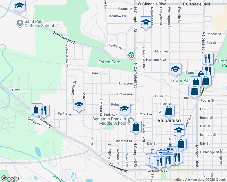 map of restaurants, bars, coffee shops, grocery stores, and more near 655 Bond Avenue in Valparaiso