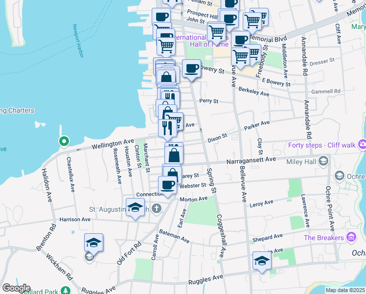 map of restaurants, bars, coffee shops, grocery stores, and more near 26 Dixon Street in Newport