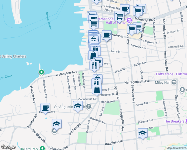 map of restaurants, bars, coffee shops, grocery stores, and more near 2 Sharon Court in Newport