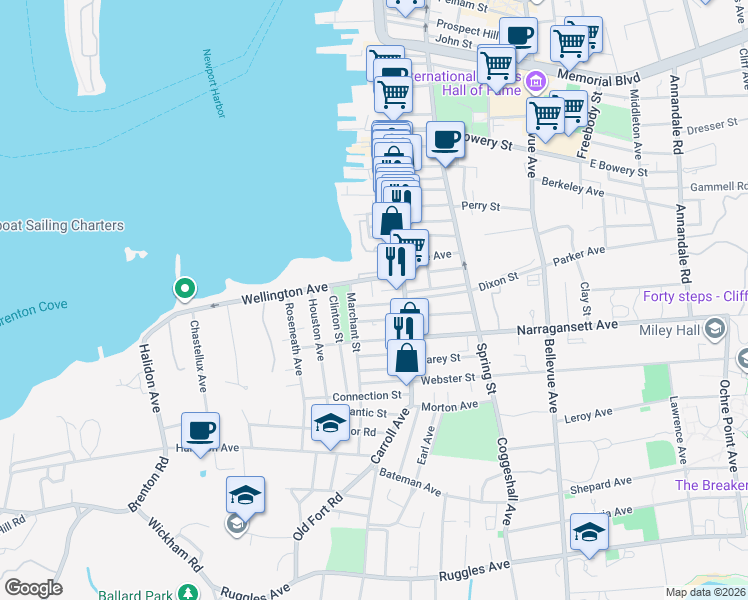 map of restaurants, bars, coffee shops, grocery stores, and more near 1 Marchant Street in Newport