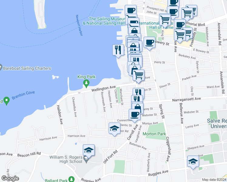 map of restaurants, bars, coffee shops, grocery stores, and more near 97 Wellington Avenue in Newport