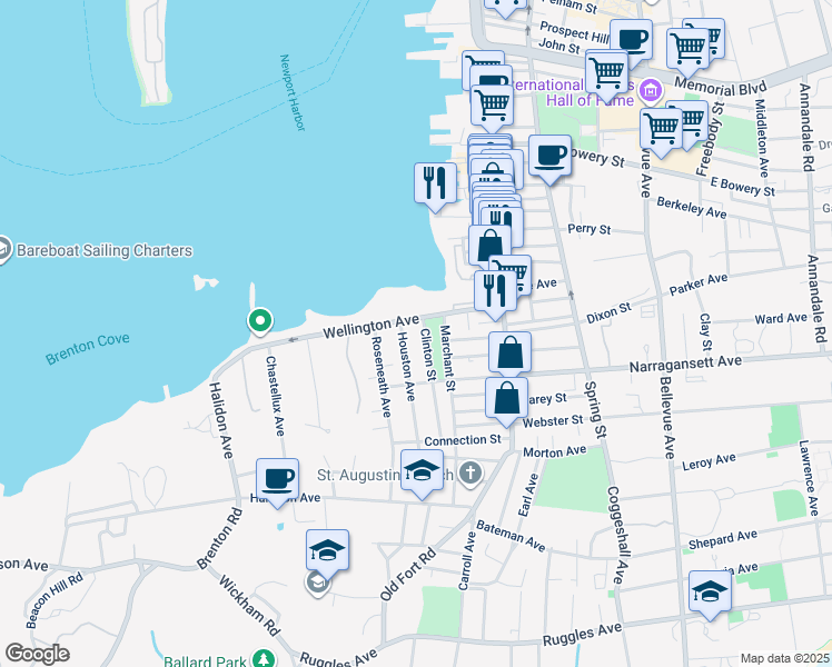 map of restaurants, bars, coffee shops, grocery stores, and more near 97 Wellington Avenue in Newport