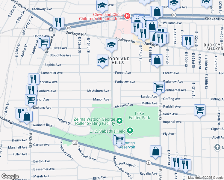 map of restaurants, bars, coffee shops, grocery stores, and more near 10805 Mount Auburn Avenue in Cleveland