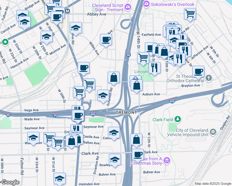 map of restaurants, bars, coffee shops, grocery stores, and more near 1623 Allman Court in Cleveland