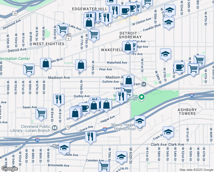 map of restaurants, bars, coffee shops, grocery stores, and more near 7007 Guthrie Avenue in Cleveland