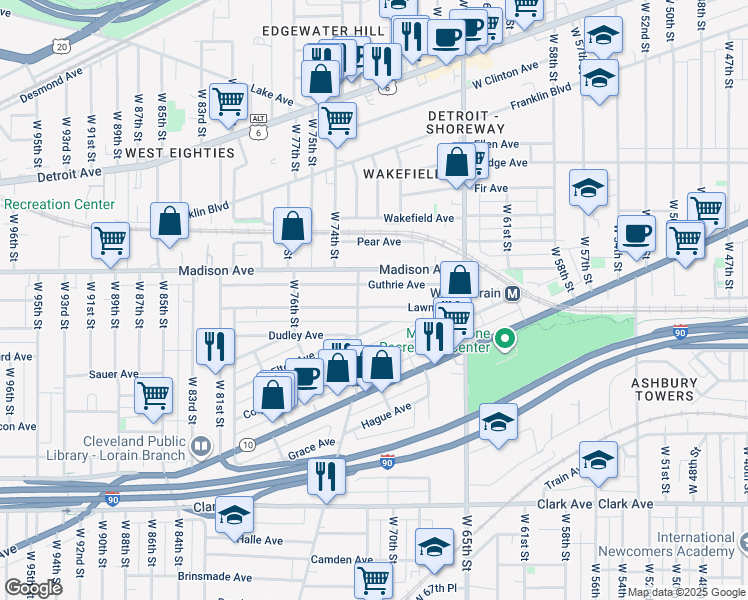 map of restaurants, bars, coffee shops, grocery stores, and more near 7007 Guthrie Avenue in Cleveland