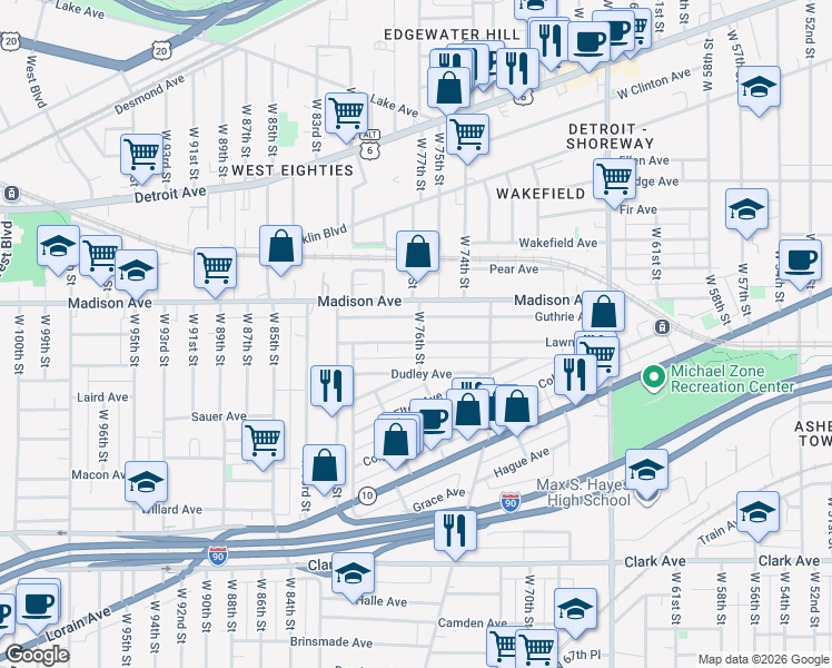 map of restaurants, bars, coffee shops, grocery stores, and more near 7615 Guthrie Avenue in Cleveland