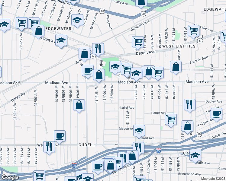 map of restaurants, bars, coffee shops, grocery stores, and more near 2022 West 98th Street in Cleveland