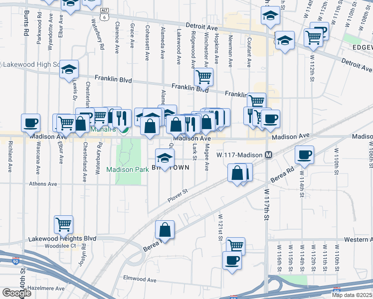 map of restaurants, bars, coffee shops, grocery stores, and more near in Lakewood
