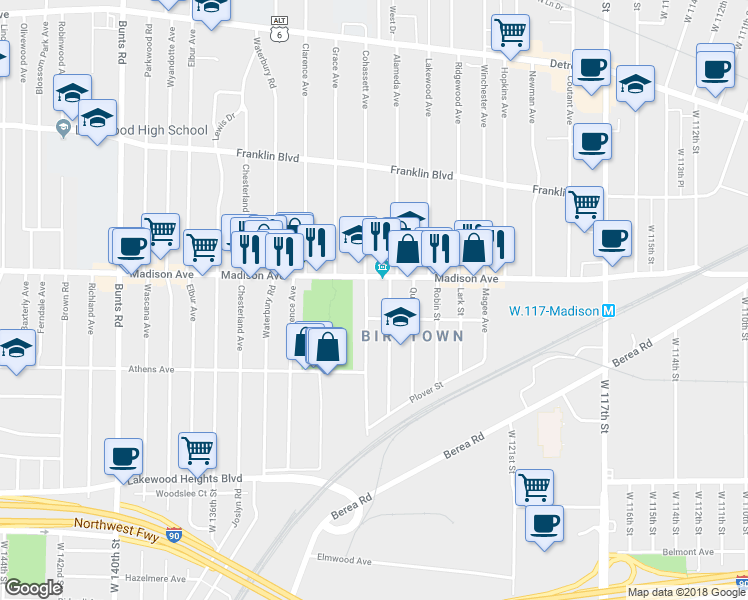 map of restaurants, bars, coffee shops, grocery stores, and more near 12903 Halstead Avenue in Lakewood
