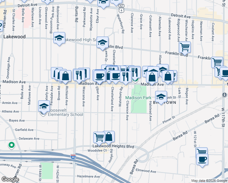 map of restaurants, bars, coffee shops, grocery stores, and more near 2012 Chesterland Avenue in Lakewood
