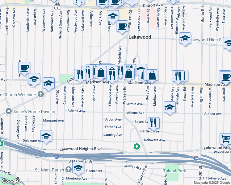 map of restaurants, bars, coffee shops, grocery stores, and more near 2021 Reveley Avenue in Lakewood