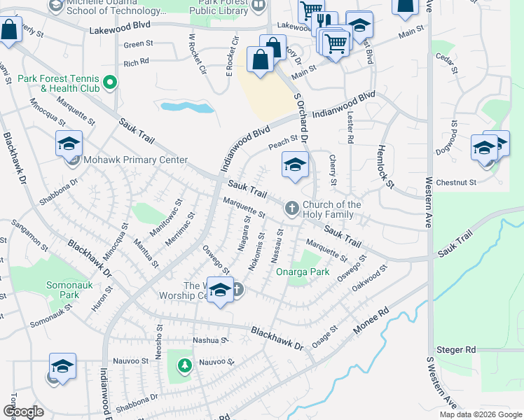 map of restaurants, bars, coffee shops, grocery stores, and more near 119 Sauk Trail in Park Forest