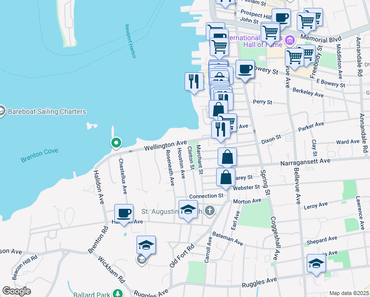 map of restaurants, bars, coffee shops, grocery stores, and more near 97 Wellington Avenue in Newport