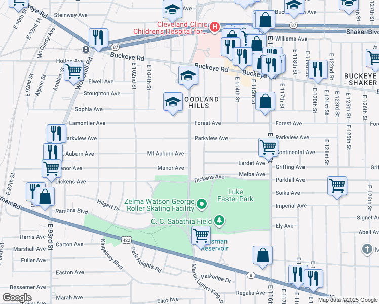 map of restaurants, bars, coffee shops, grocery stores, and more near 10805 Mount Auburn Avenue in Cleveland