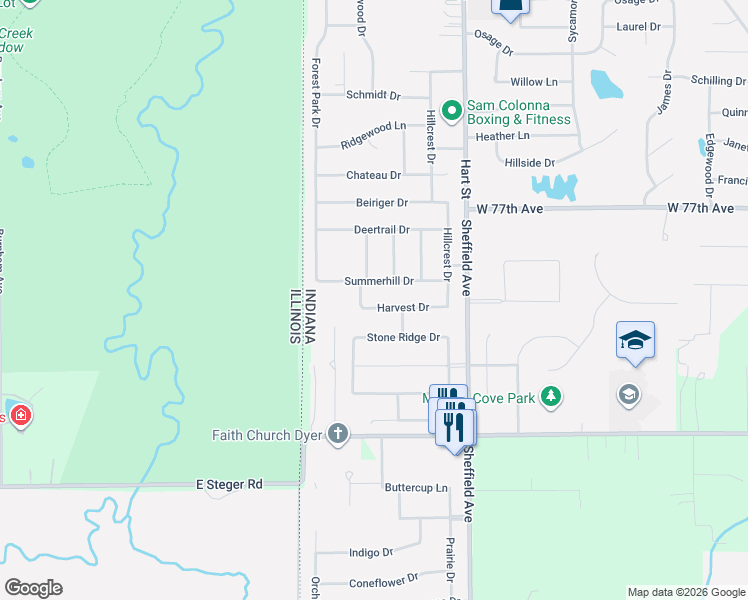 map of restaurants, bars, coffee shops, grocery stores, and more near 156 Summerhill Drive in Dyer