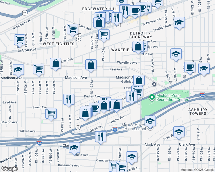 map of restaurants, bars, coffee shops, grocery stores, and more near 2020 West 73rd Street in Cleveland