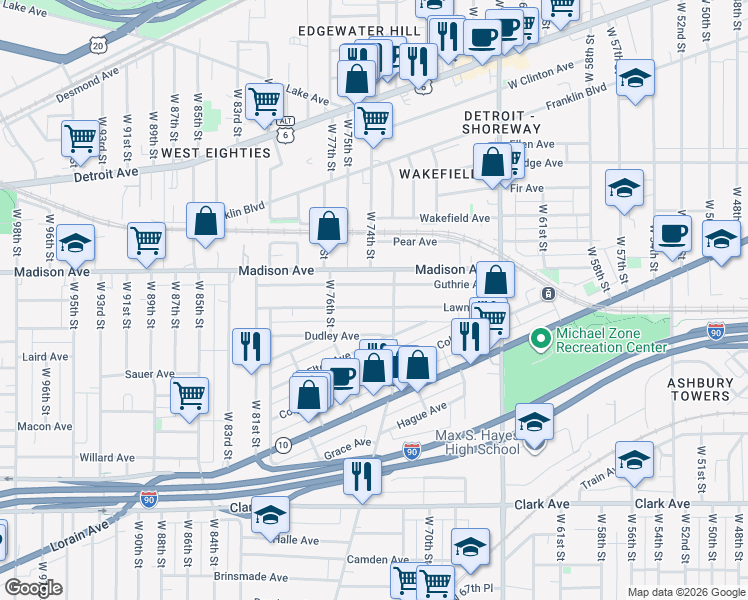 map of restaurants, bars, coffee shops, grocery stores, and more near 2020 West 73rd Street in Cleveland
