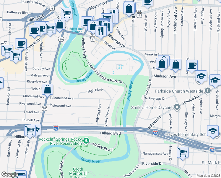 map of restaurants, bars, coffee shops, grocery stores, and more near 18500 Edgewood Drive in Rocky River