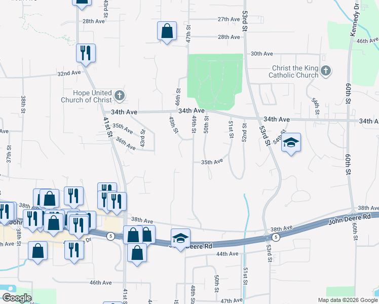 map of restaurants, bars, coffee shops, grocery stores, and more near 3440 45th Street Court in Moline