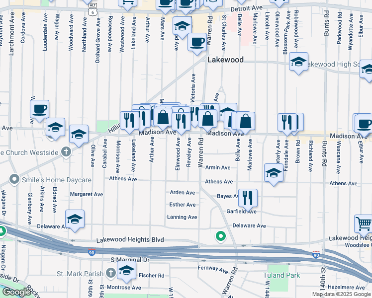 map of restaurants, bars, coffee shops, grocery stores, and more near 2021 Reveley Avenue in Lakewood