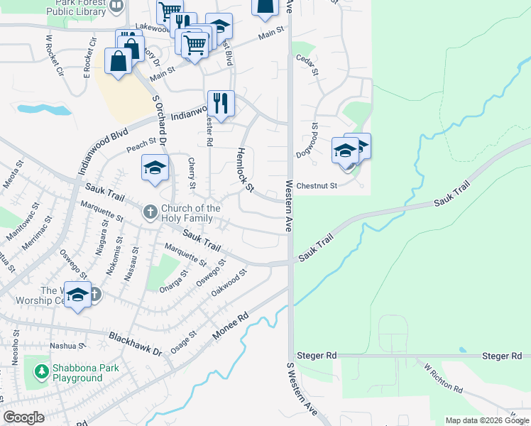 map of restaurants, bars, coffee shops, grocery stores, and more near 30 McCarthy Road in Park Forest