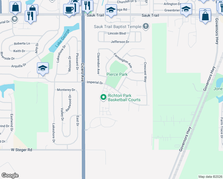 map of restaurants, bars, coffee shops, grocery stores, and more near 4553 Imperial Drive in Richton Park