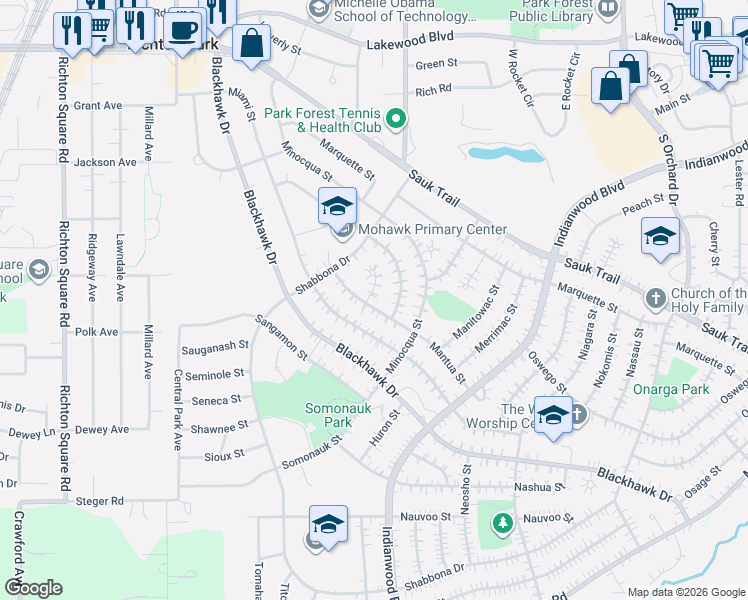 map of restaurants, bars, coffee shops, grocery stores, and more near 5 Mantua Court in Park Forest