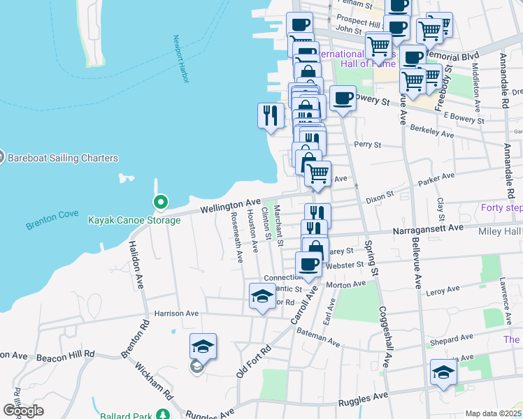 map of restaurants, bars, coffee shops, grocery stores, and more near 3 Clinton Street in Newport