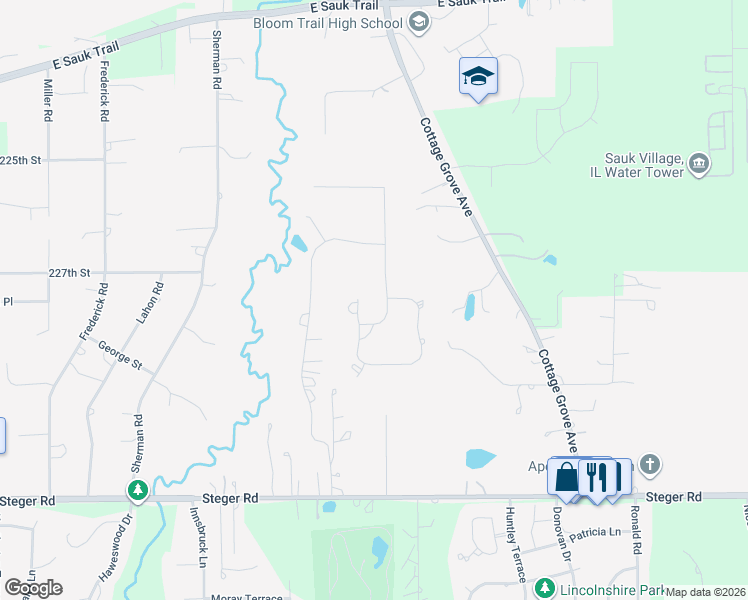map of restaurants, bars, coffee shops, grocery stores, and more near 322 Royal Oaks Drive in Steger