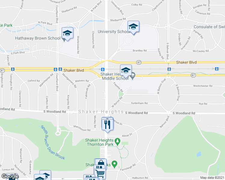 map of restaurants, bars, coffee shops, grocery stores, and more near 20600 Fayette Road in Shaker Heights