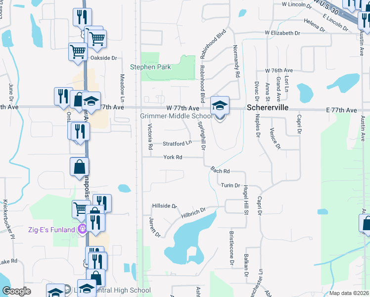 map of restaurants, bars, coffee shops, grocery stores, and more near 423 Stratford Lane in Schererville