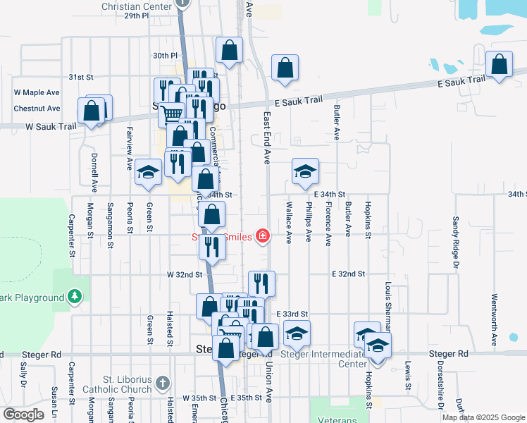 map of restaurants, bars, coffee shops, grocery stores, and more near 3020 Union Avenue in Steger