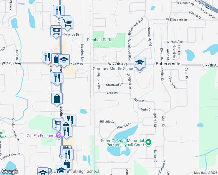 map of restaurants, bars, coffee shops, grocery stores, and more near 503 Stratford Ln in Schererville