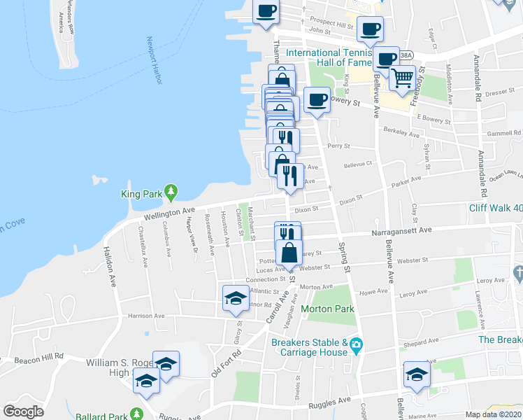 map of restaurants, bars, coffee shops, grocery stores, and more near 1 Marchant Street in Newport
