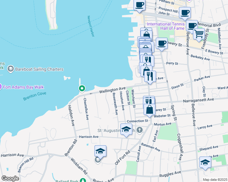 map of restaurants, bars, coffee shops, grocery stores, and more near 115 Wellington Avenue in Newport