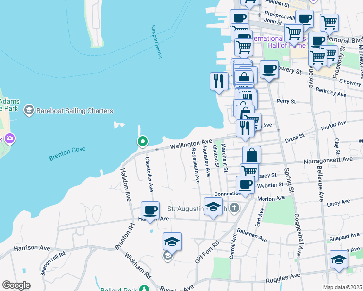 map of restaurants, bars, coffee shops, grocery stores, and more near 125 Wellington Avenue in Newport