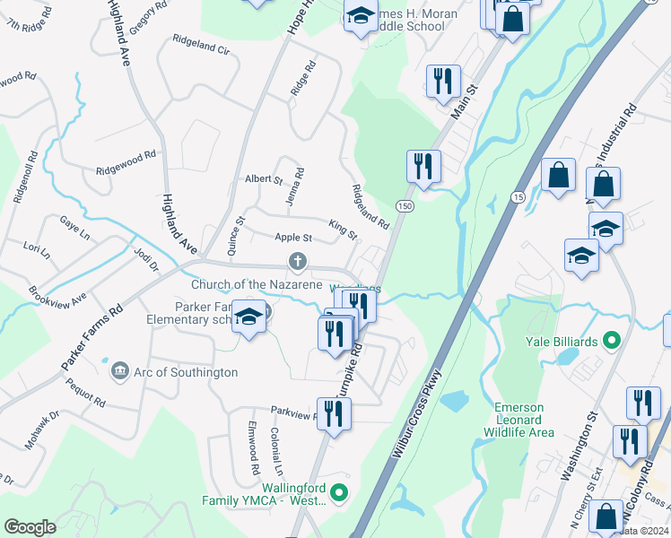 map of restaurants, bars, coffee shops, grocery stores, and more near 15 Parker Farms Road in Wallingford